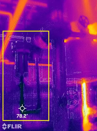 Thermal image of a steam trap failed closed: the trap body reads 78°F, with no condensate flow